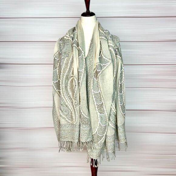 Wool Embroidered Paisley Shawl Wrap in Gray and Cream with Sequins - Picture 4 of 12